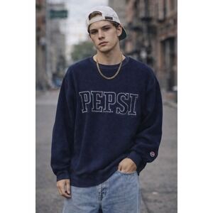 Vintage Pepsi Fleece Sweatshirt Mens Large Navy Blue Embroidered Logo Pullover